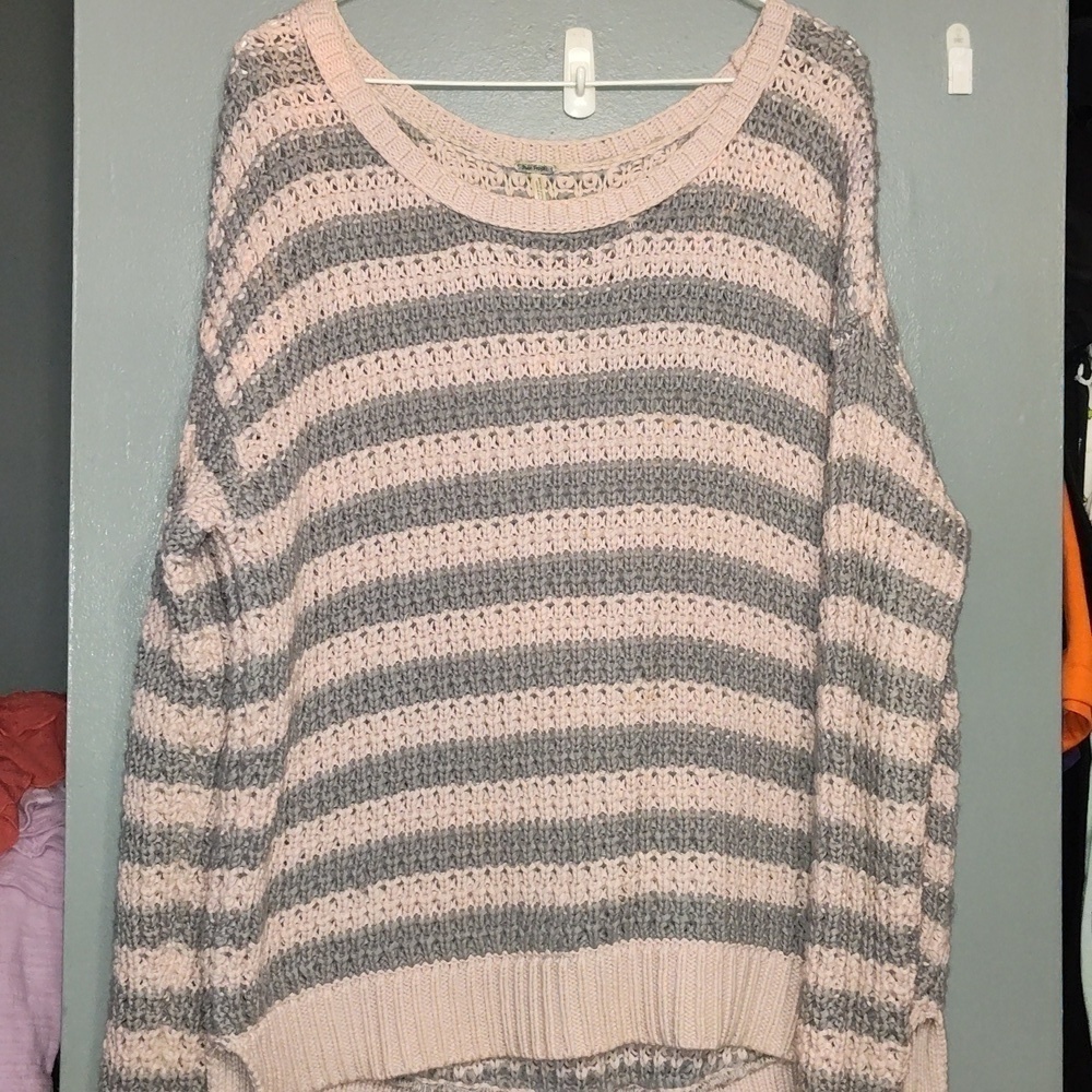 Free People Pink Grey Striped Waffle Knit Sweater Size Medium